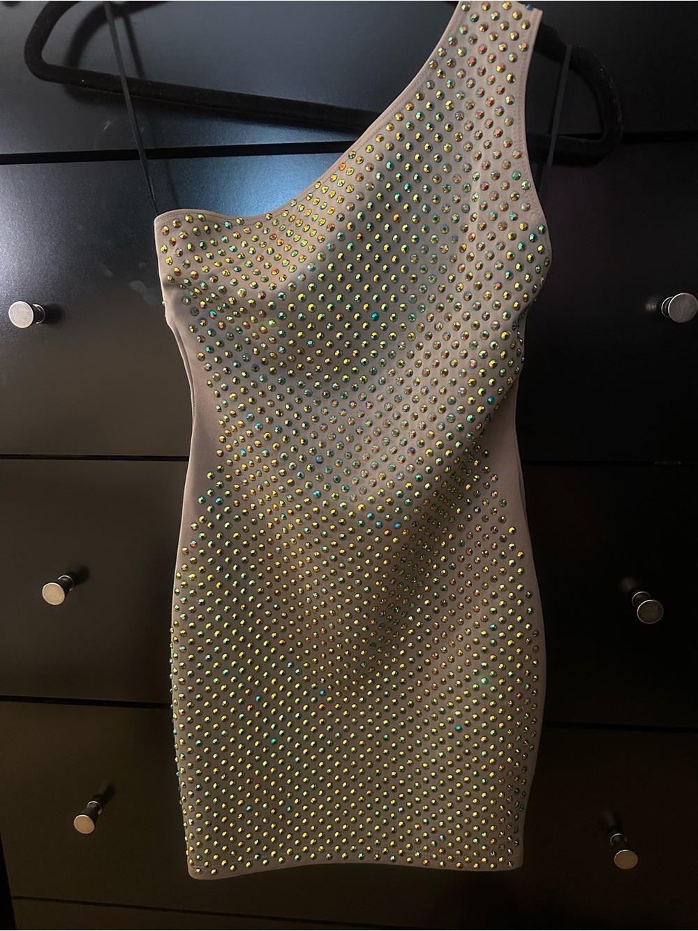 Fashion Nova One-Shoulder Studded Bodycon Dress - Beige